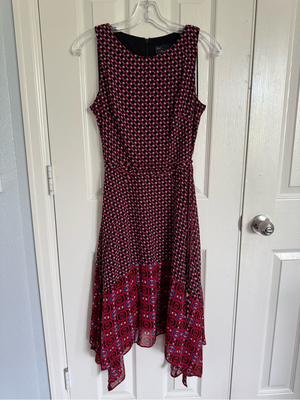 Just...Taylor Red and Navy Geometric Handkerchief-Hem Dress